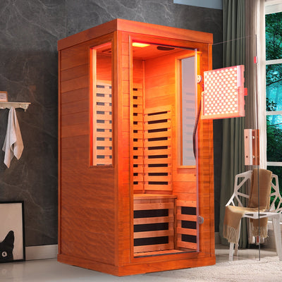 Far infrared sauna front door with red light therapy
