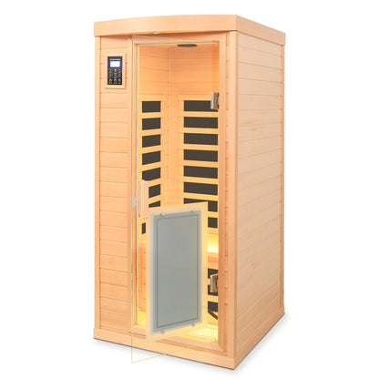 Low EMF, There is also a heating plate on the glass door, Hemlock wood Far-infrared indoor One person sauna room