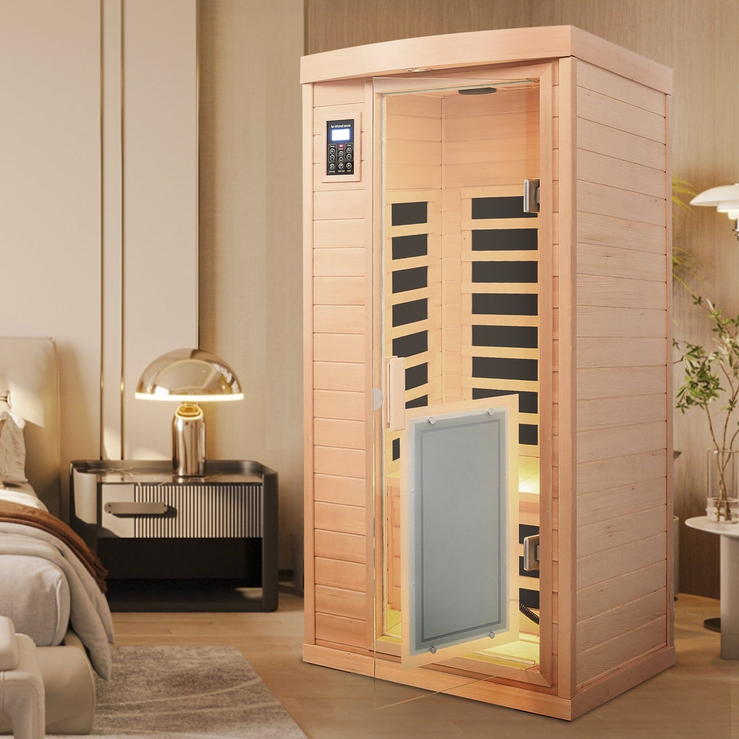Low EMF, There is also a heating plate on the glass door, Hemlock wood Far-infrared indoor One person sauna room