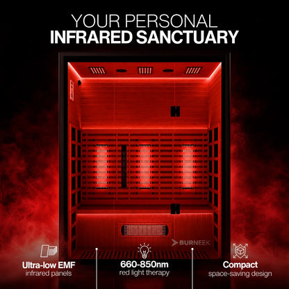 Experience Ultimate Relaxation with the Burneek Onyxeek 3-Person Full-Spectrum Quartz Infrared Sauna Featuring Red Light Therapy