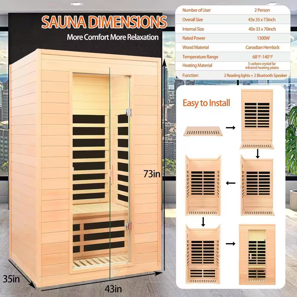 Moray 1-2 Person Indoor Hemlock Infrared Sauna Featuring 5 Advanced Far-Infrared Carbon Crystal Heaters